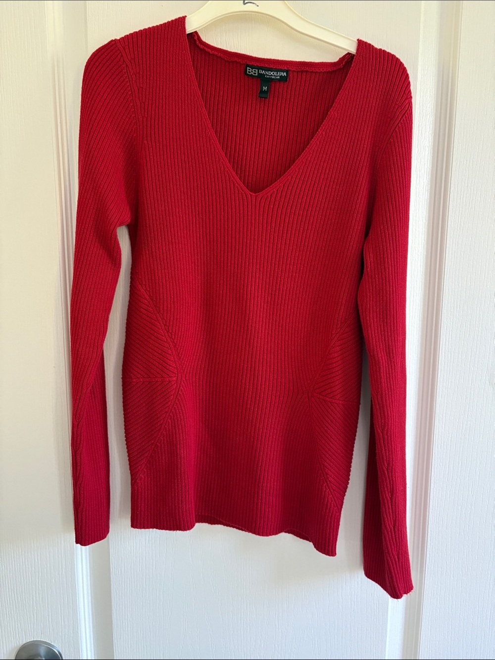 Red Ribbed V-Neck Women's Sweater